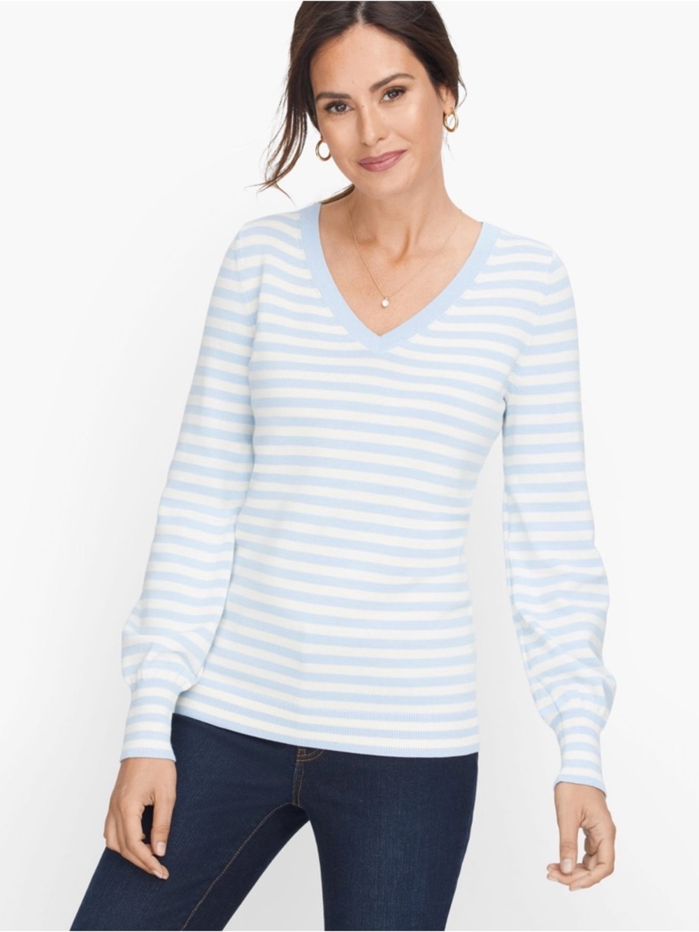 Talbots Light Blue and White Striped V-Neck Sweater